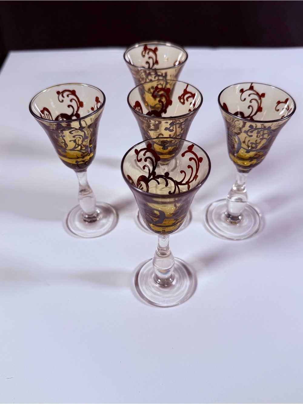 Vintage Bohemian Amber Hand Painted Scroll Design Cordial Glasses, set of 5